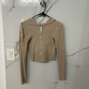 SHEIN Ribbed Zip-Up Cropped Hoodie - Taupe